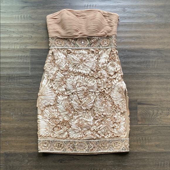 SUE WONG Strapless Dress Womens Sz 2 Cream Tan Soutache Beaded Cocktail Wedding - Picture 1 of 8